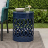 Kemo Outdoor End Table, Round 14 Inch, Cutout Design, Navy Blue Iron