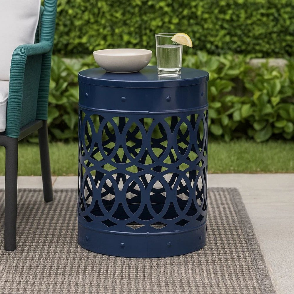 Kemo Outdoor End Table, Round 14 Inch, Cutout Design, Navy Blue Iron
