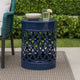 Kemo Outdoor End Table, Round 14 Inch, Cutout Design, Navy Blue Iron