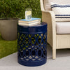 Kemo Outdoor End Table, Round 14 Inch, Cutout Design, Navy Blue Iron