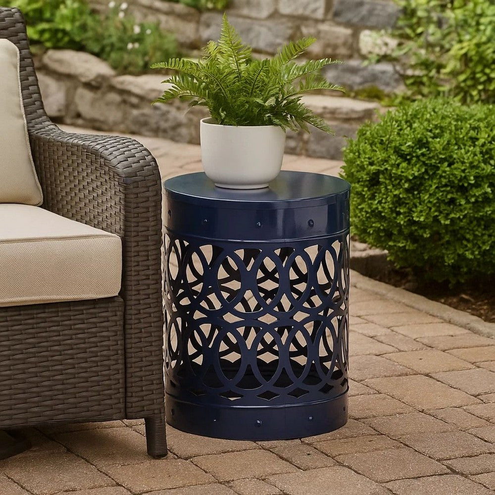 Kemo Outdoor End Table, Round 14 Inch, Cutout Design, Navy Blue Iron