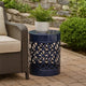 Kemo Outdoor End Table, Round 14 Inch, Cutout Design, Navy Blue Iron