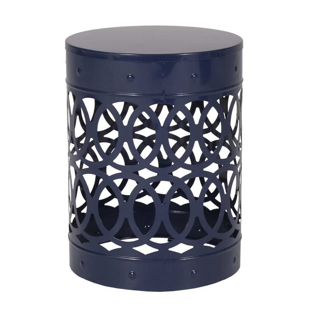 Kemo Outdoor End Table, Round 14 Inch, Cutout Design, Navy Blue Iron