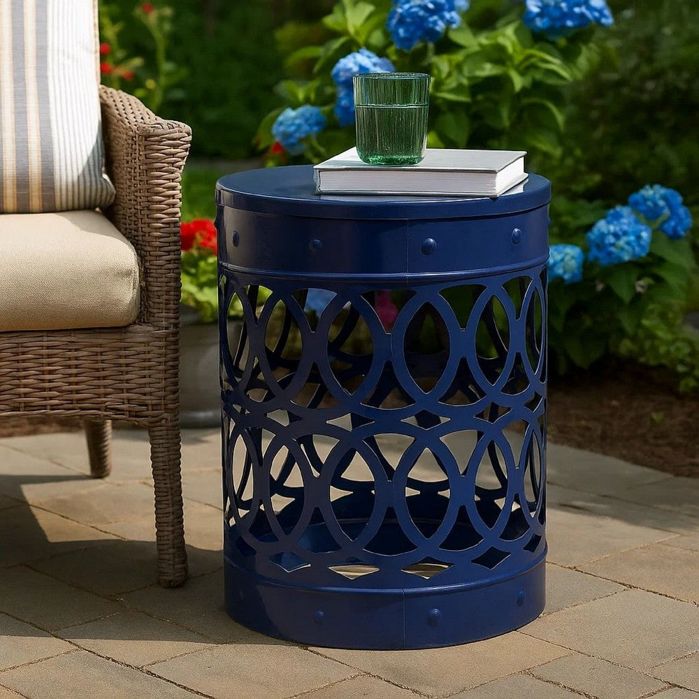 Kemo Outdoor End Table, Round 14 Inch, Cutout Design, Navy Blue Iron