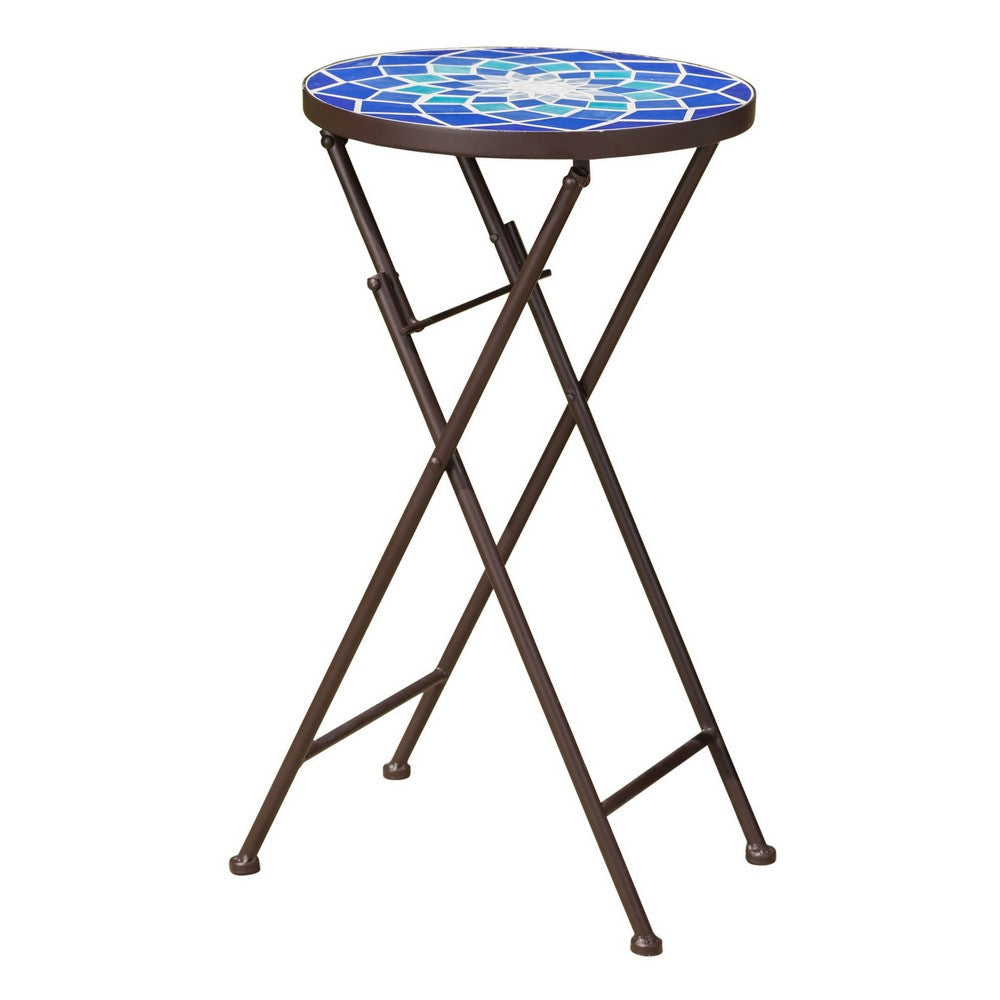 Silia Outdoor End Table Round 13 Inch Blue and White Ceramic Tile BM324050