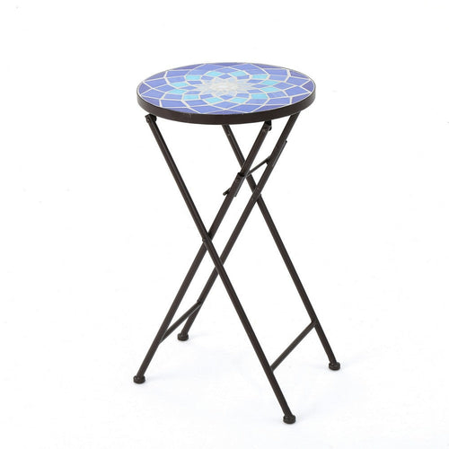 Silia Outdoor End Table, Round 13 Inch, Blue and White Ceramic Tile