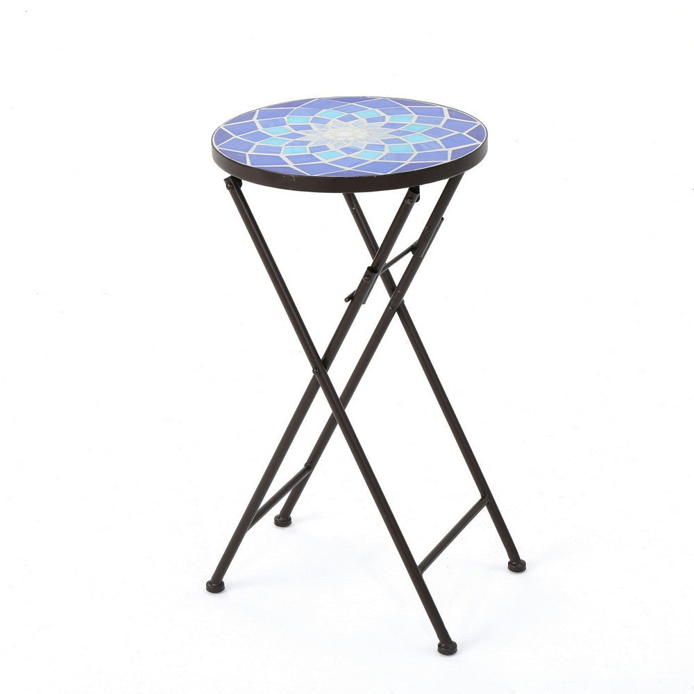 Silia Outdoor End Table, Round 13 Inch, Blue and White Ceramic Tile