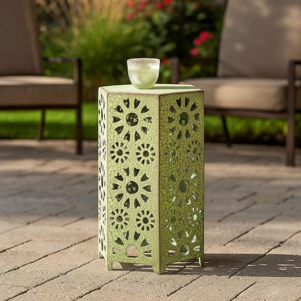 Liana Outdoor Side Table, Hexagonal 14 Inch, Sunburst Cut Out, Green