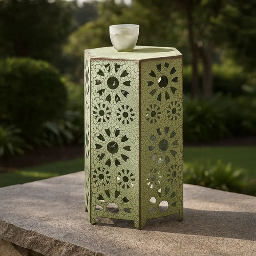 Liana Outdoor Side Table, Hexagonal 14 Inch, Sunburst Cut Out, Green