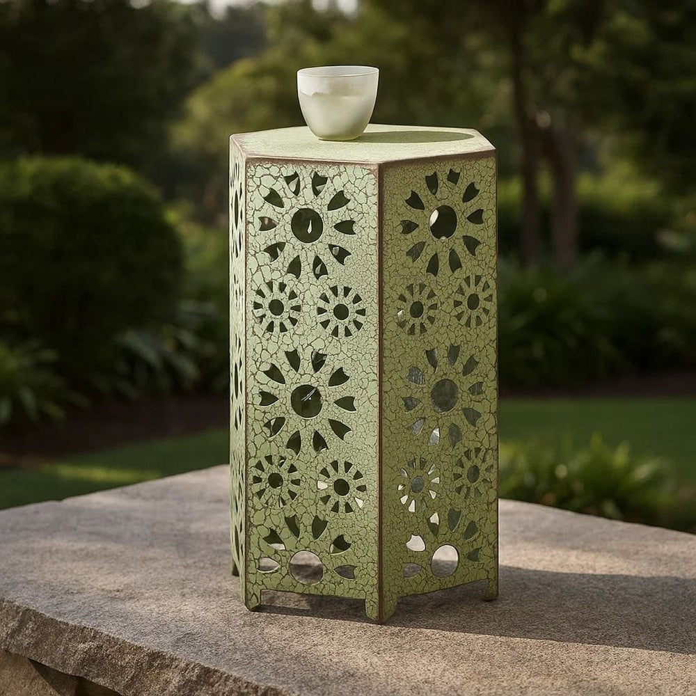 Liana Outdoor Side Table, Hexagonal 14 Inch, Sunburst Cut Out, Green