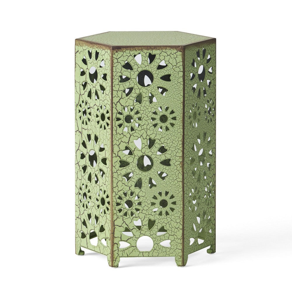 Liana Outdoor Side Table, Hexagonal 12 Inch, Sunburst Cut Out, Green