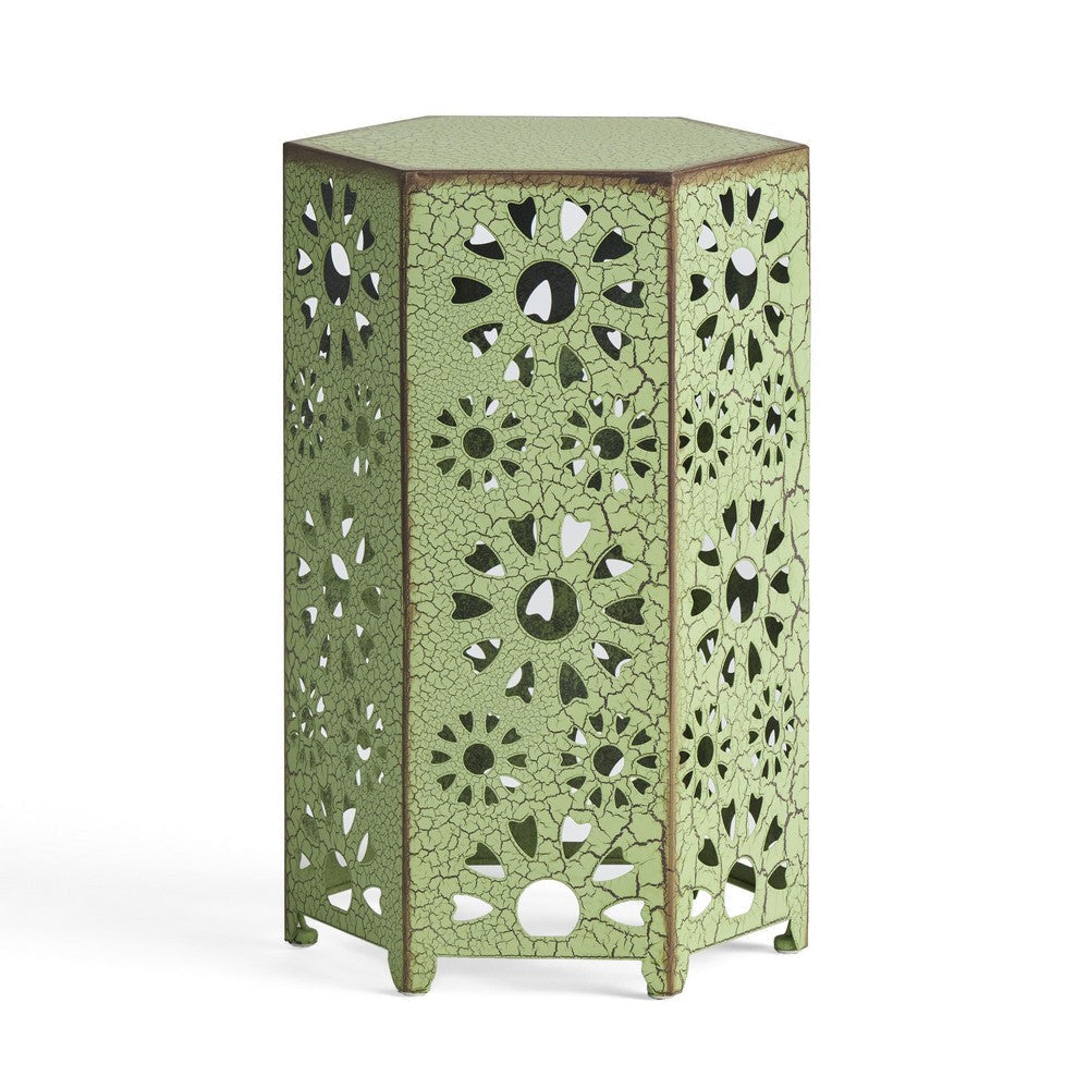 Liana Outdoor Side Table Hexagonal 12 Inch Sunburst Cut Out Green