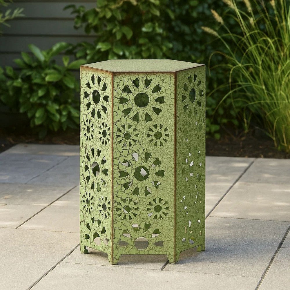 Liana Outdoor Side Table, Hexagonal 12 Inch, Sunburst Cut Out, Green