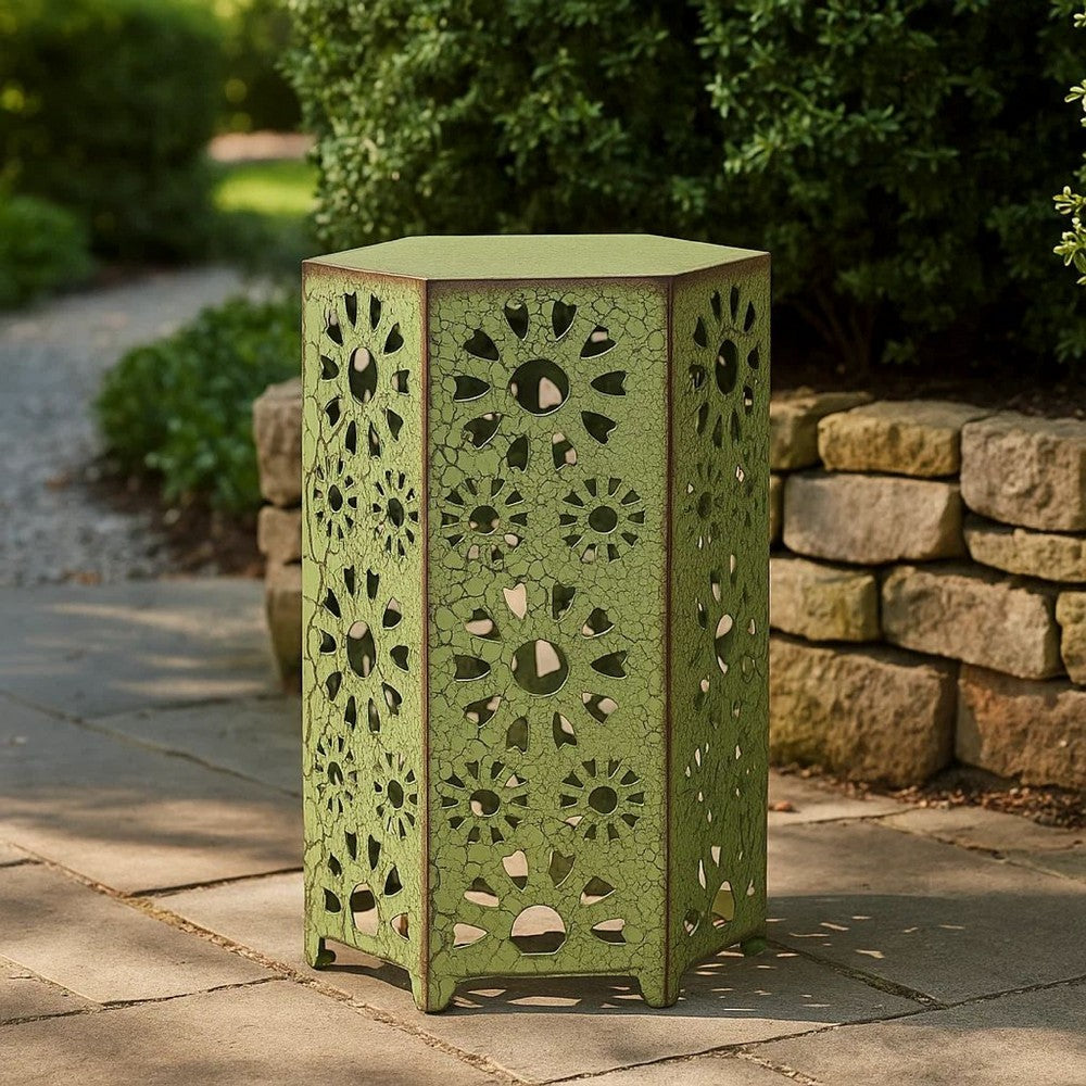 Liana Outdoor Side Table, Hexagonal 12 Inch, Sunburst Cut Out, Green