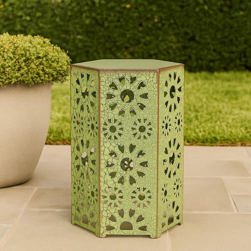 Liana Outdoor Side Table, Hexagonal 12 Inch, Sunburst Cut Out, Green
