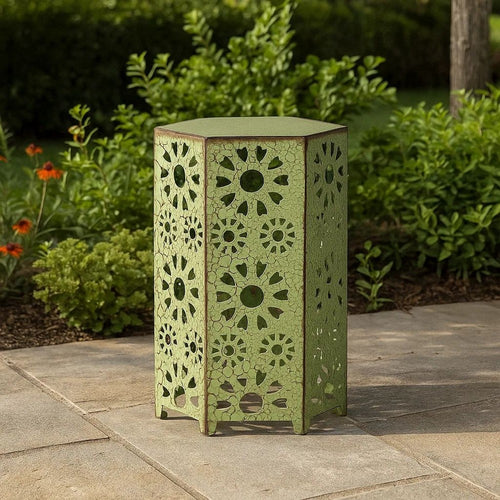 Liana Outdoor Side Table, Hexagonal 12 Inch, Sunburst Cut Out, Green