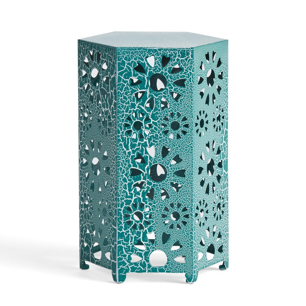 Liana Outdoor Side Table Hexagonal 14 Inch Sunburst Cut Out Teal