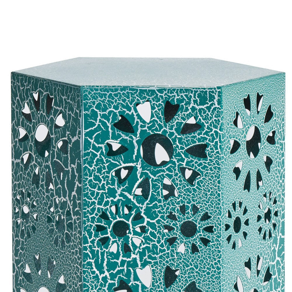 Liana Outdoor Side Table Hexagonal 14 Inch Sunburst Cut Out Teal