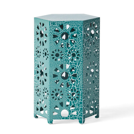 Liana Outdoor Side Table, Hexagonal 14 Inch, Sunburst Cut Out, Teal