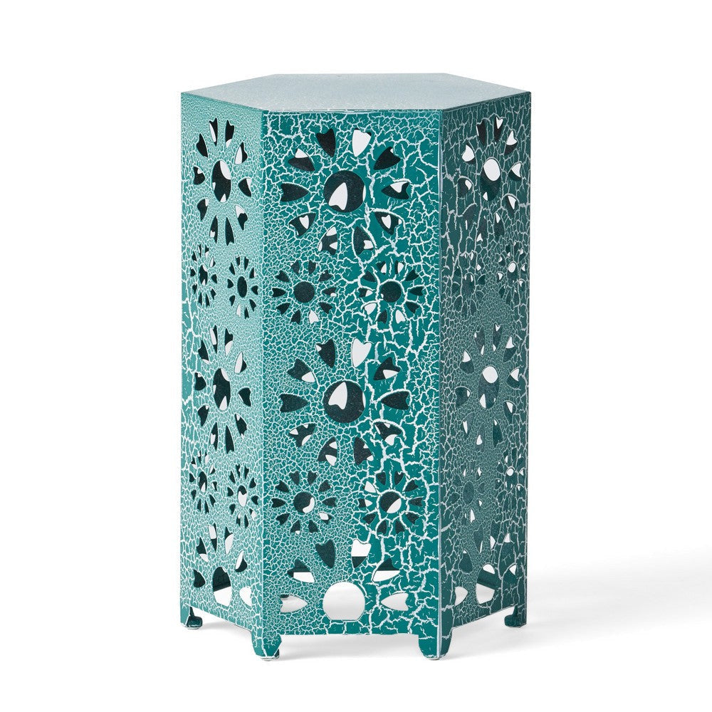 Liana Outdoor Side Table, Hexagonal 14 Inch, Sunburst Cut Out, Teal