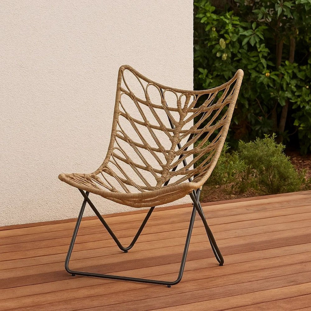 Fordy Outdoor Chair Set of 2, Curved Seat, Brown Rattan, Black Metal