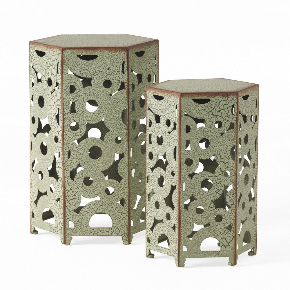 Silva Accent Table Set of 2, Hexagonal Top, Cut Pattern, Green Iron