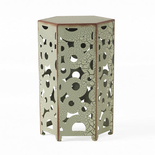 Silva Accent Table Set of 2, Hexagonal Top, Cut Pattern, Green Iron