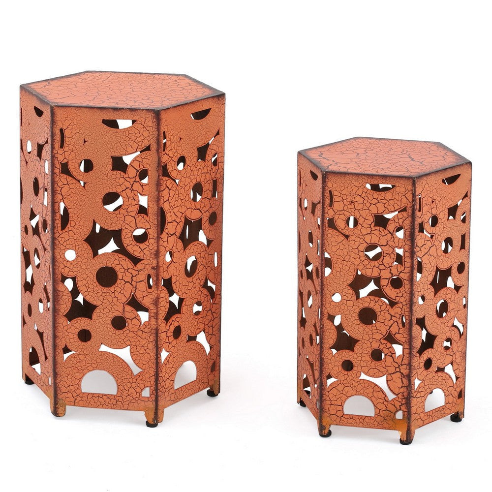 Silva Accent Table Set of 2 Hexagonal Top Cut Pattern Orange Iron