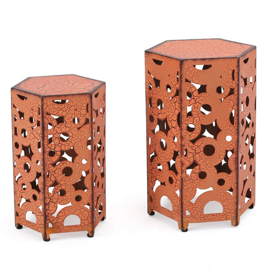 Silva Accent Table Set of 2, Hexagonal Top, Cut Pattern, Orange Iron