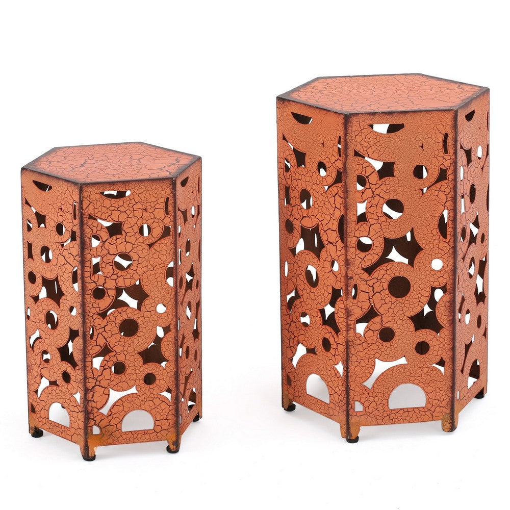 Silva Accent Table Set of 2, Hexagonal Top, Cut Pattern, Orange Iron