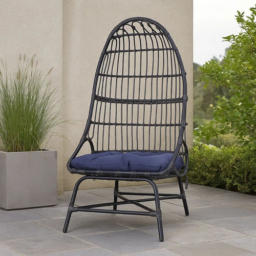 Elena Outdoor Chair, Basket Shape, Gray Fabric, Black PE Rattan, Iron