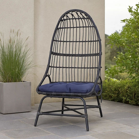Elena Outdoor Chair, Basket Shape, Gray Fabric, Black PE Rattan, Iron