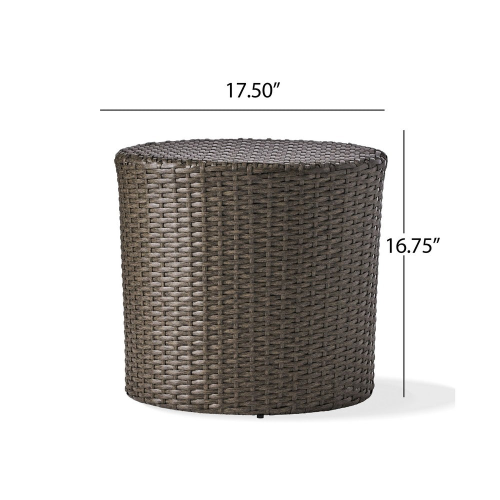 Olum Outdoor Side Table, Barrel Shape, Gray PE Rattan, 18"