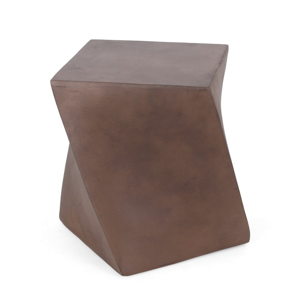 Outdoor Side End Table Twisted Cube Shape Brown Faux Concrete 21 Inch BM324076