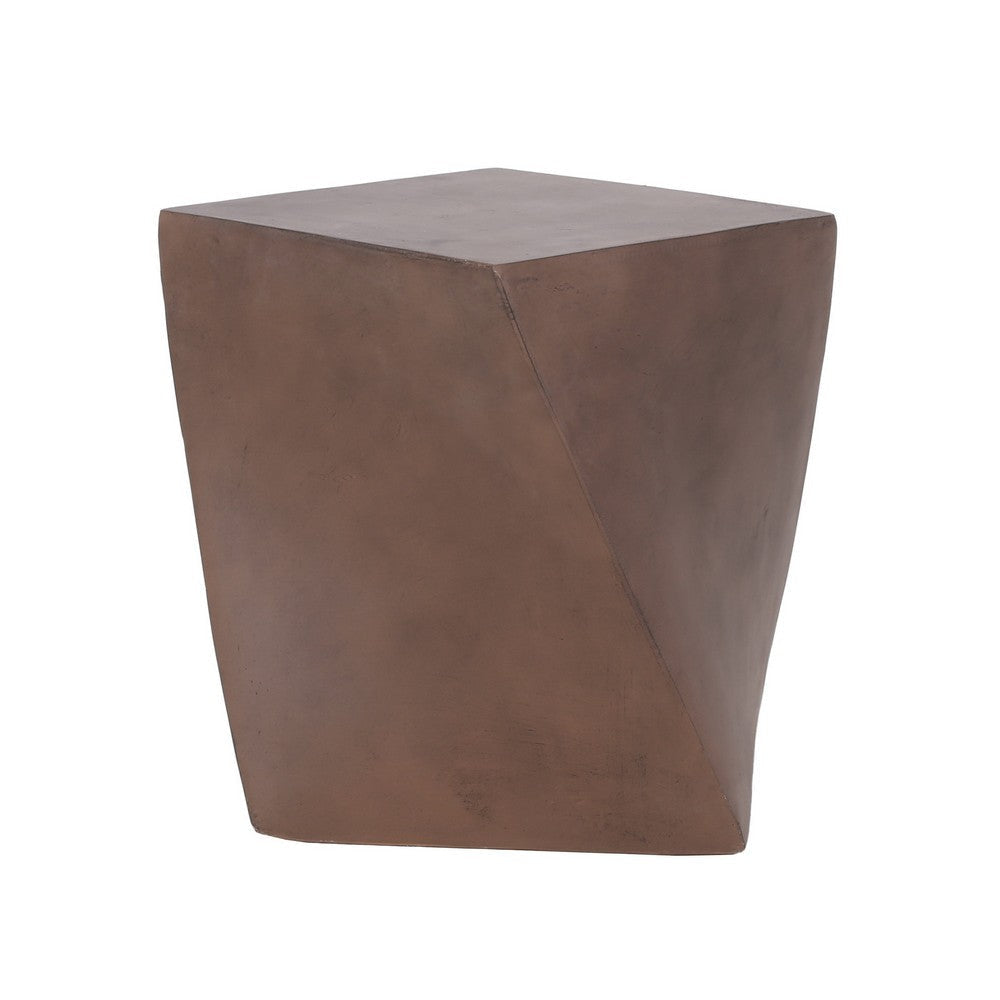 Outdoor Side End Table Twisted Cube Shape Brown Faux Concrete 21 Inch BM324076