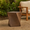Outdoor Side End Table, Twisted Cube Shape Brown Faux Concrete 21 Inch