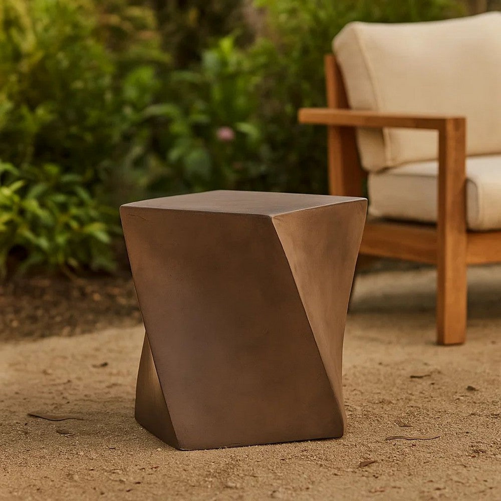 Outdoor Side End Table, Twisted Cube Shape Brown Faux Concrete 21 Inch