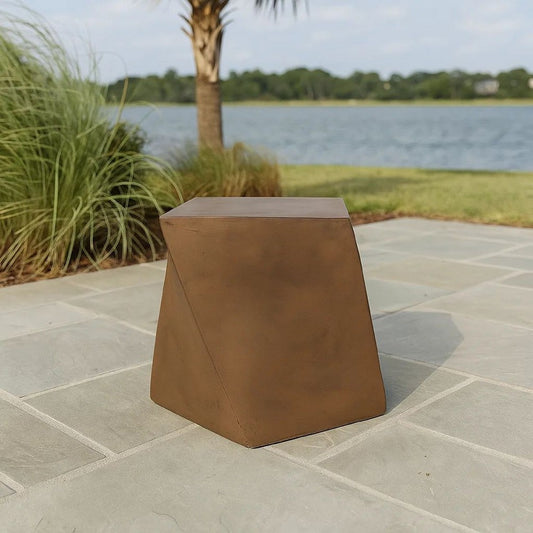 Outdoor Side End Table, Twisted Cube Shape Brown Faux Concrete 21 Inch