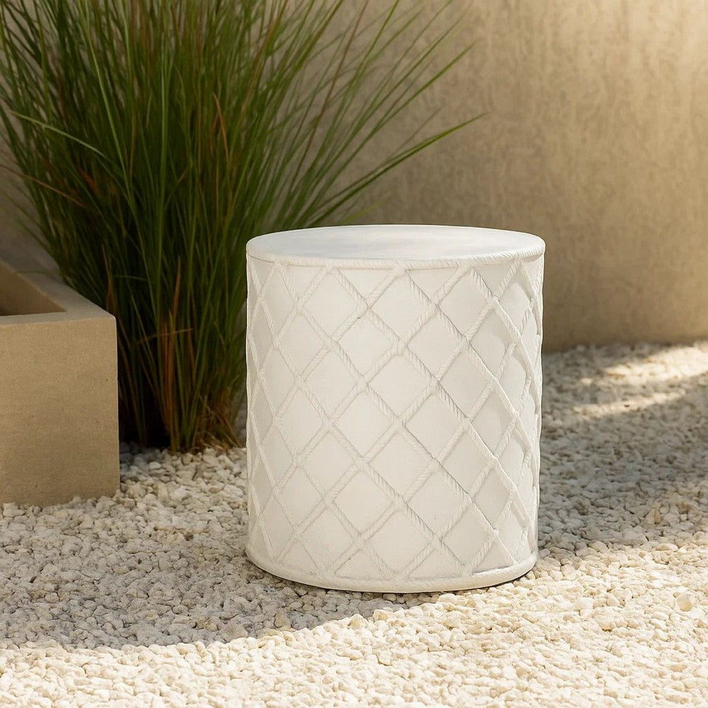 Outdoor End Table, Round 15 Inch Top, Antique White Faux Concrete