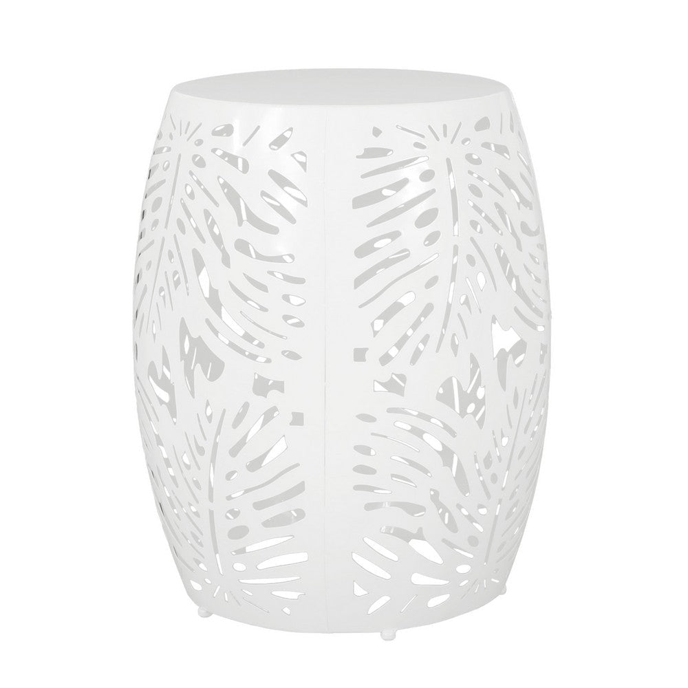 Miami Outdoor End Table Stool Palm Leaf Pattern White Iron 17 Inch