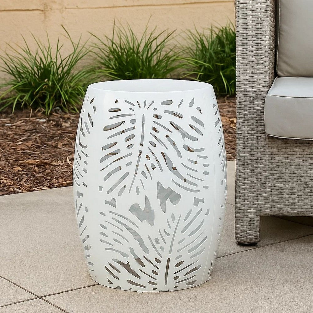 Miami Outdoor End Table Stool, Palm Leaf Pattern, White Iron, 17 Inch
