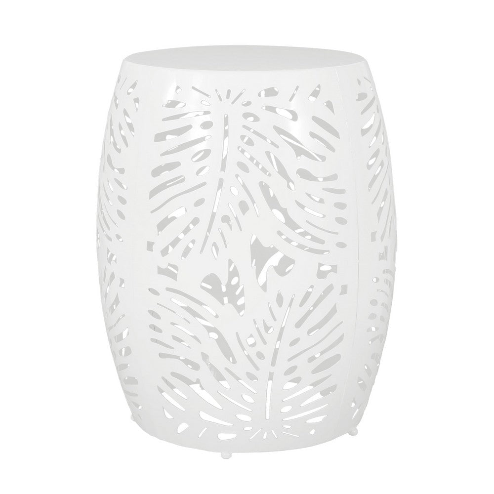 Miami Outdoor End Table Stool, Palm Leaf Pattern, White Iron, 17 Inch