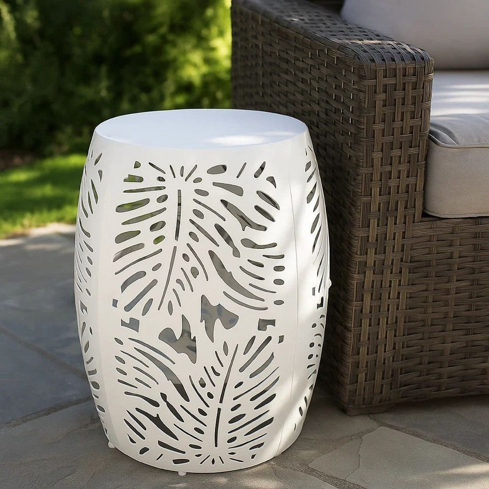 Miami Outdoor End Table Stool, Palm Leaf Pattern, White Iron, 17 Inch
