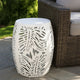 Miami Outdoor End Table Stool, Palm Leaf Pattern, White Iron, 17 Inch