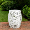 Miami Outdoor End Table Stool, Palm Leaf Pattern, White Iron, 17 Inch