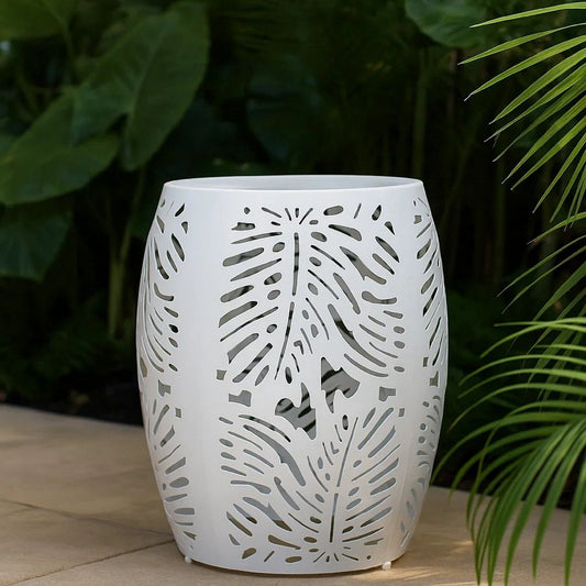 Miami Outdoor End Table Stool, Palm Leaf Pattern, White Iron, 17 Inch