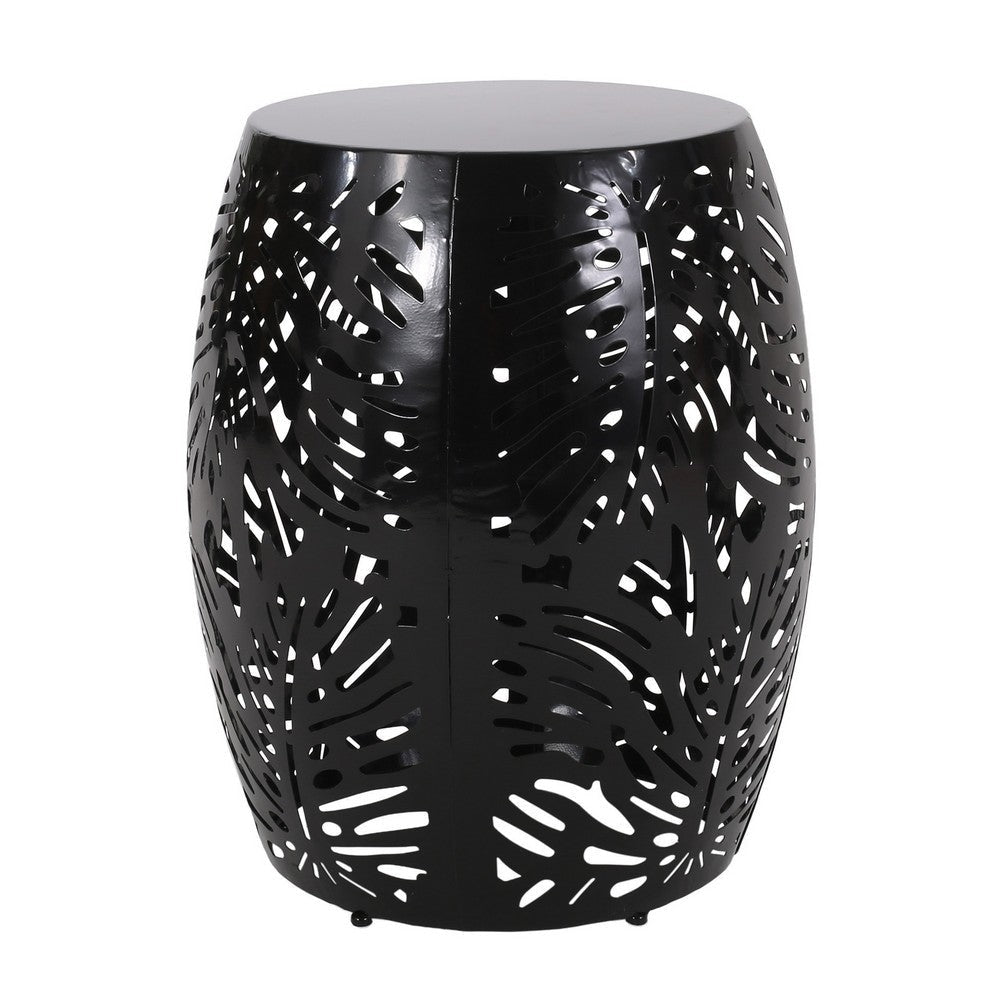 Miami Outdoor End Table Stool Palm Leaf Pattern Black Iron 17 Inch