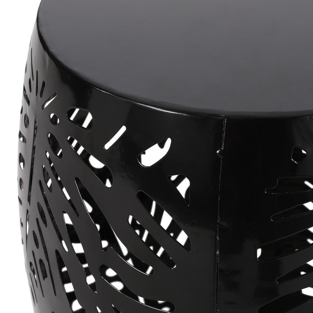 Miami Outdoor End Table Stool Palm Leaf Pattern Black Iron 17 Inch