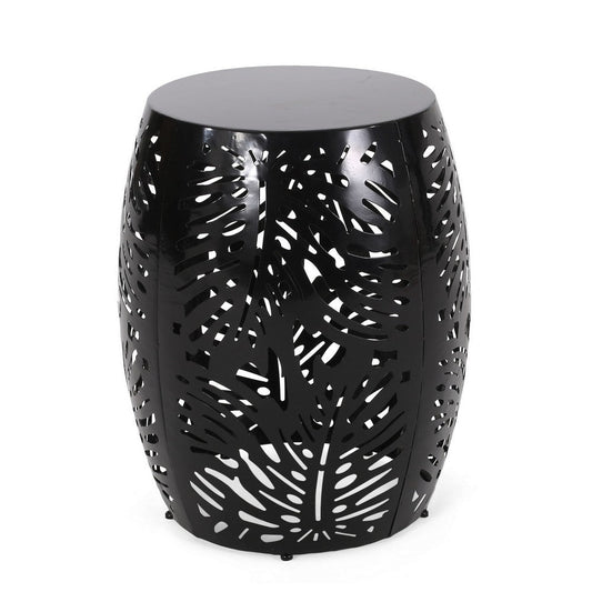 Miami Outdoor End Table Stool, Palm Leaf Pattern, Black Iron, 17 Inch