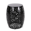Miami Outdoor End Table Stool, Palm Leaf Pattern, Black Iron, 17 Inch